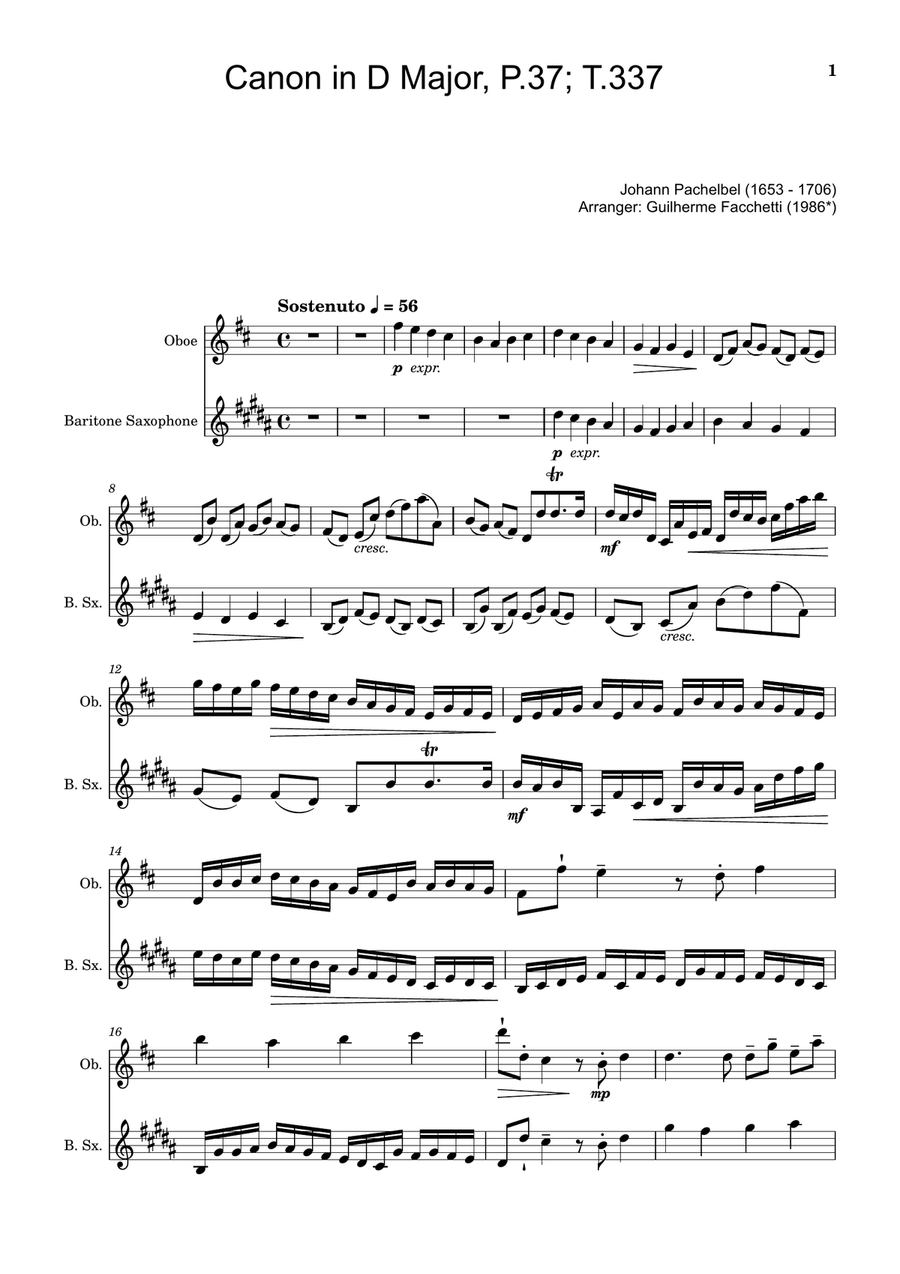 Canon in D Major, P.37; T.337. Oboe and B. Sax Woodwind Duet scores gallery preview page 1