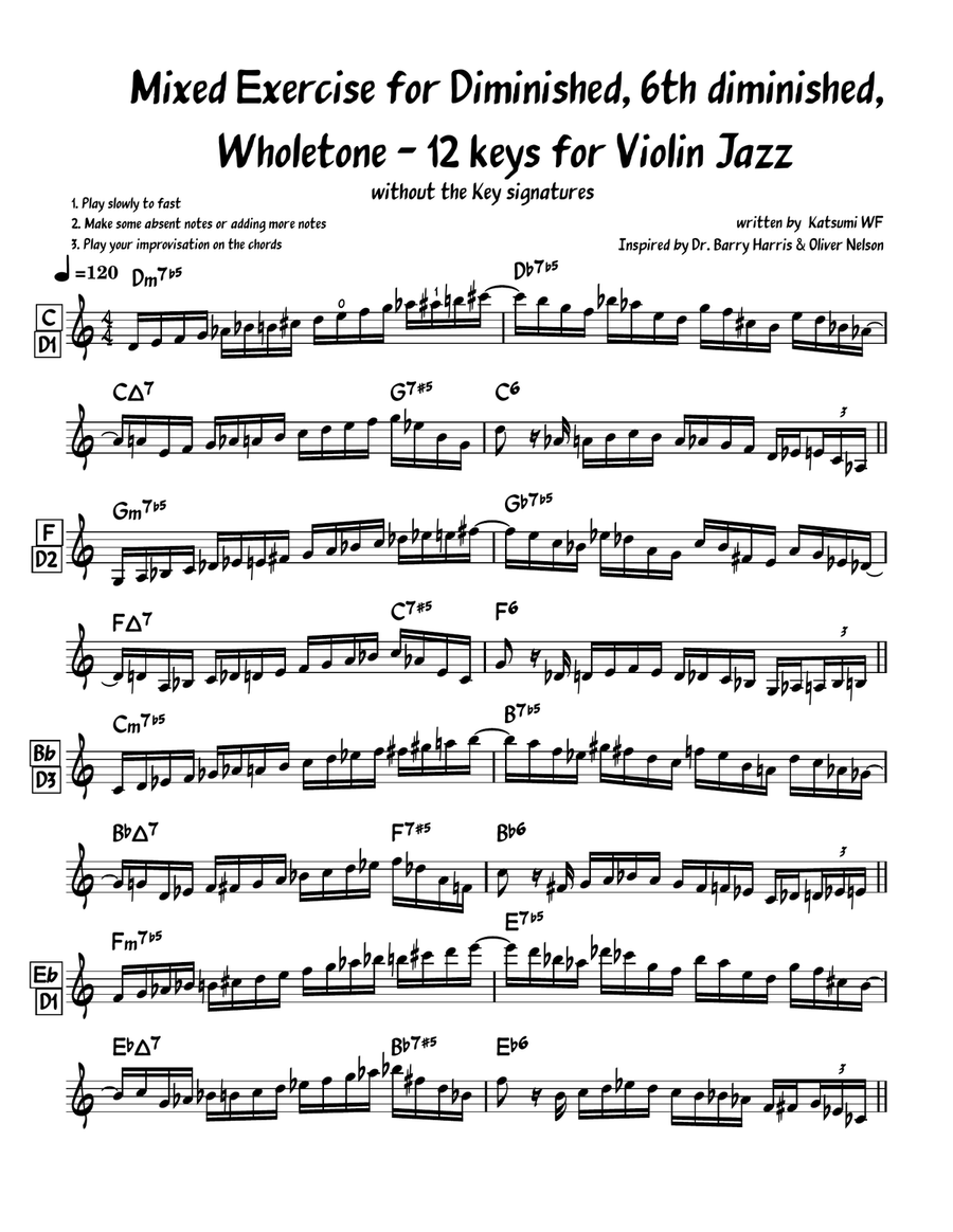 Mixed Exercise for Diminished, 6th diminished, Wholetone 12 keys Violin scores gallery preview page 1