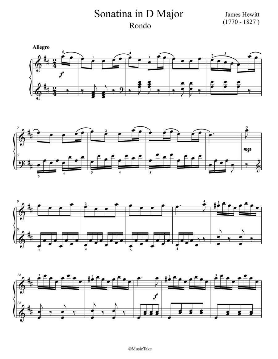 Hewitt Sonatina in D Major 3rd movement Easy Piano scores gallery preview page 1