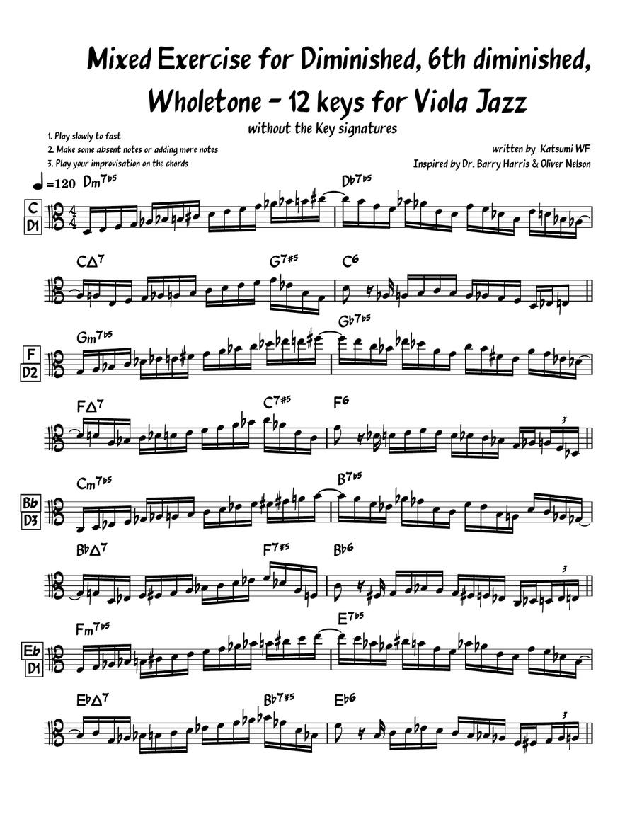 Mixed Exercise for Diminished, 6th diminished, Wholetone 12 keys Viola scores gallery preview page 1