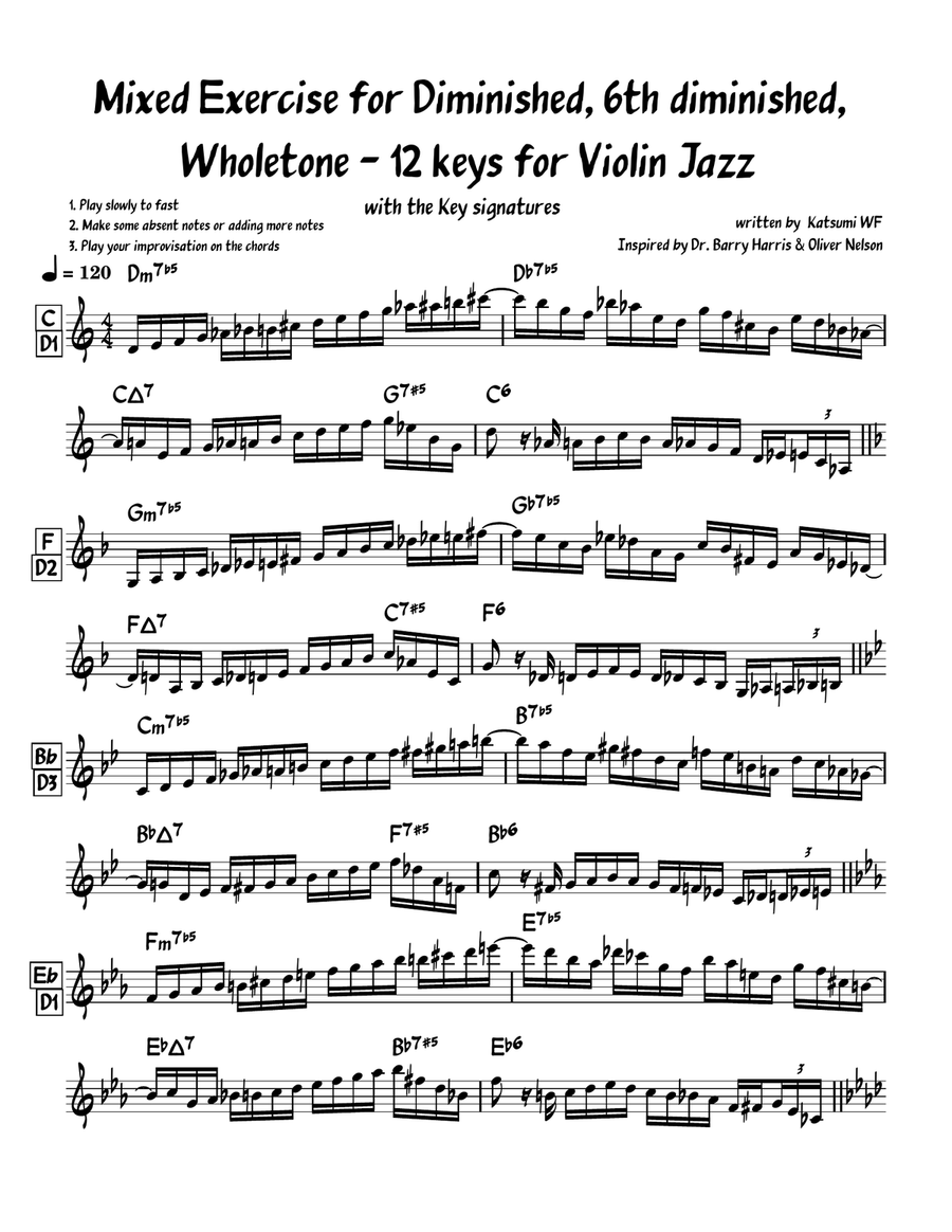 Mixed Exercise for Diminished, 6th diminished, Wholetone 12 keys Violin scores gallery preview page 1