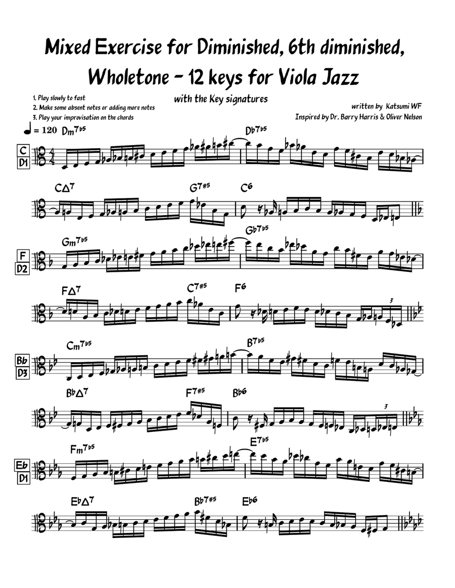 Mixed Exercise for Diminished, 6th diminished, Wholetone 12 keys Viola scores gallery preview page 1