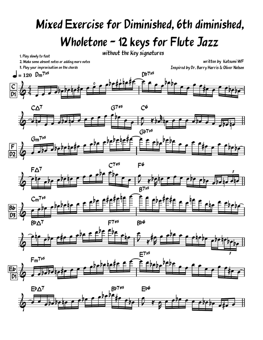 Mixed Exercise for Diminished, 6th diminished, Wholetone 12 keys Flute scores gallery preview page 1