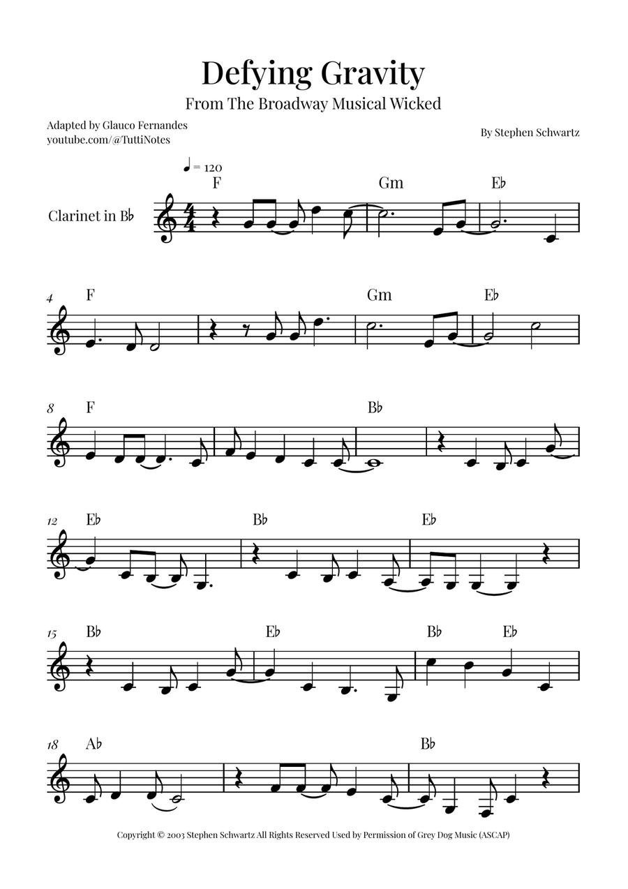 Defying Gravity B-Flat Clarinet scores gallery preview page 1