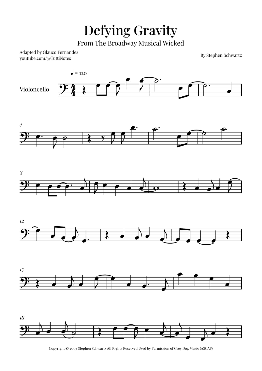 Defying Gravity Cello Solo scores gallery preview page 1