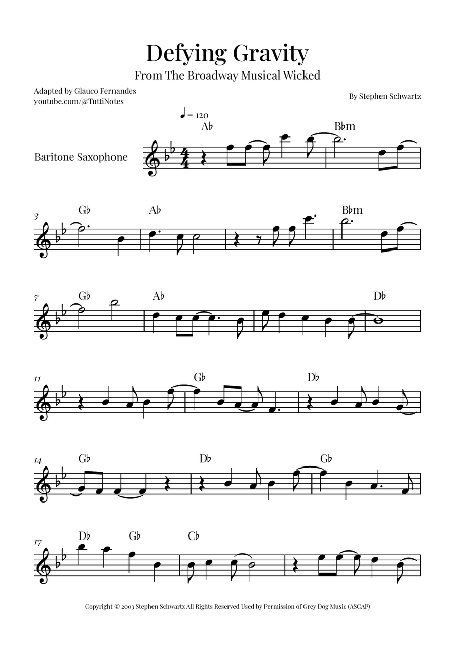 Defying Gravity Baritone Saxophone scores gallery preview page 1