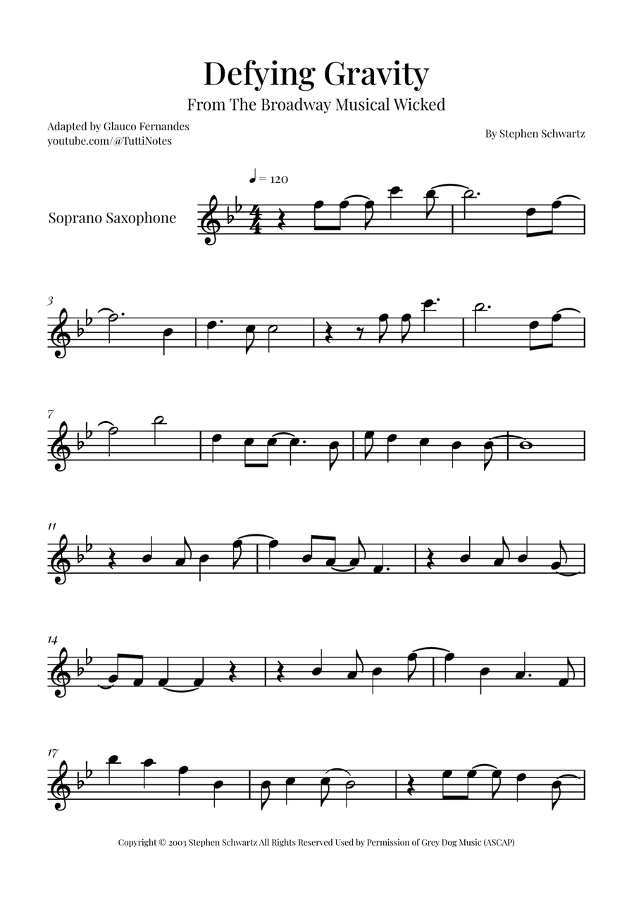 Defying Gravity Soprano Saxophone scores gallery preview page 1