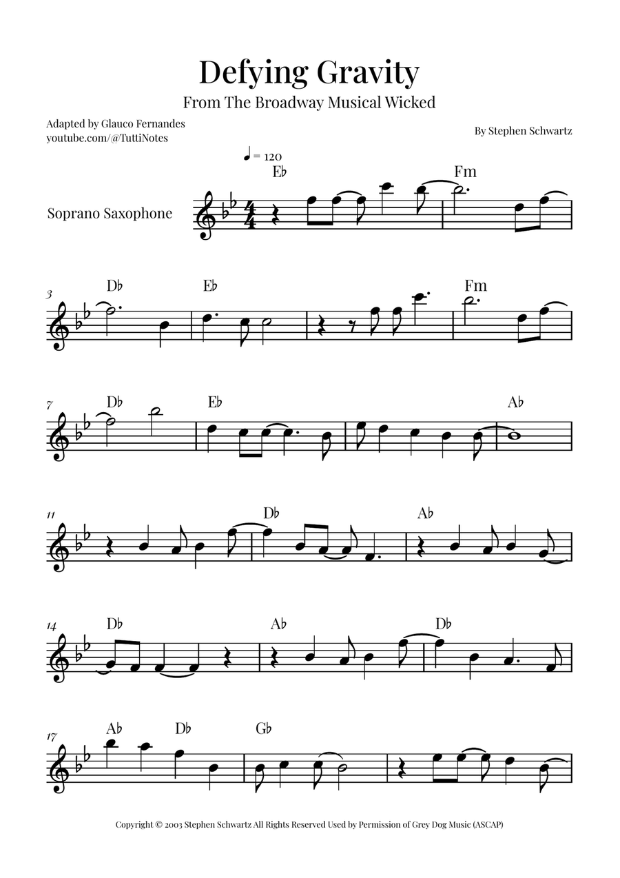 Defying Gravity Soprano Saxophone scores gallery preview page 1