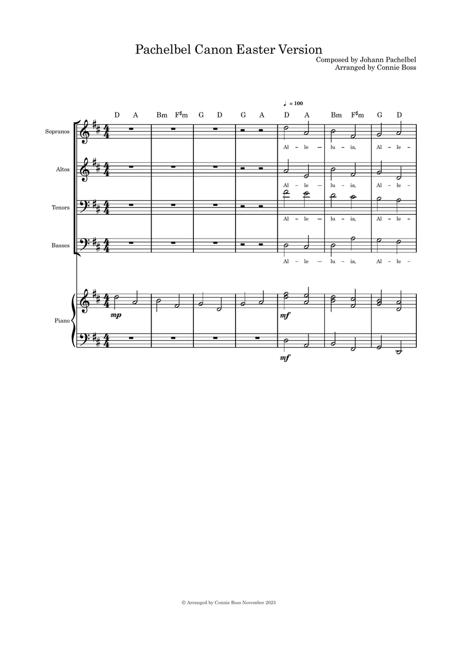 Pachelbel Canon Easter version SATB with flute or violin or cello and piano 4-Part scores gallery preview page 1