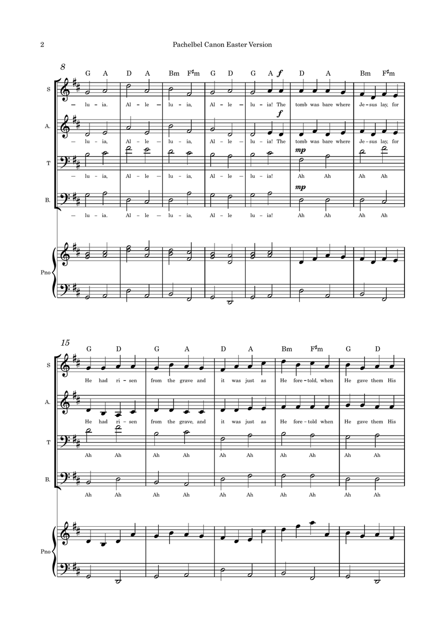 Pachelbel Canon Easter version SATB with flute or violin or cello and piano 4-Part scores gallery preview page 2