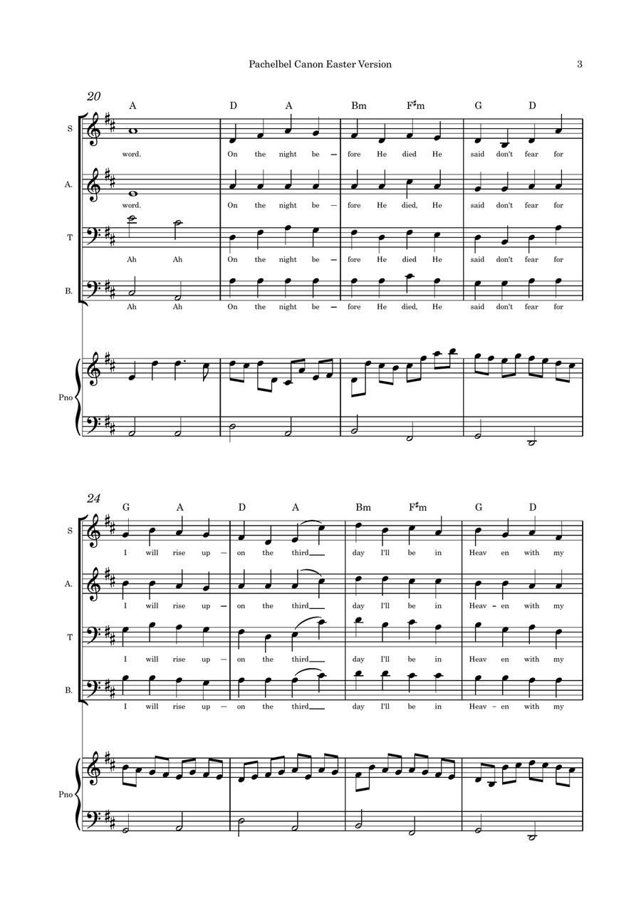 Pachelbel Canon Easter version SATB with flute or violin or cello and piano 4-Part scores gallery preview page 3