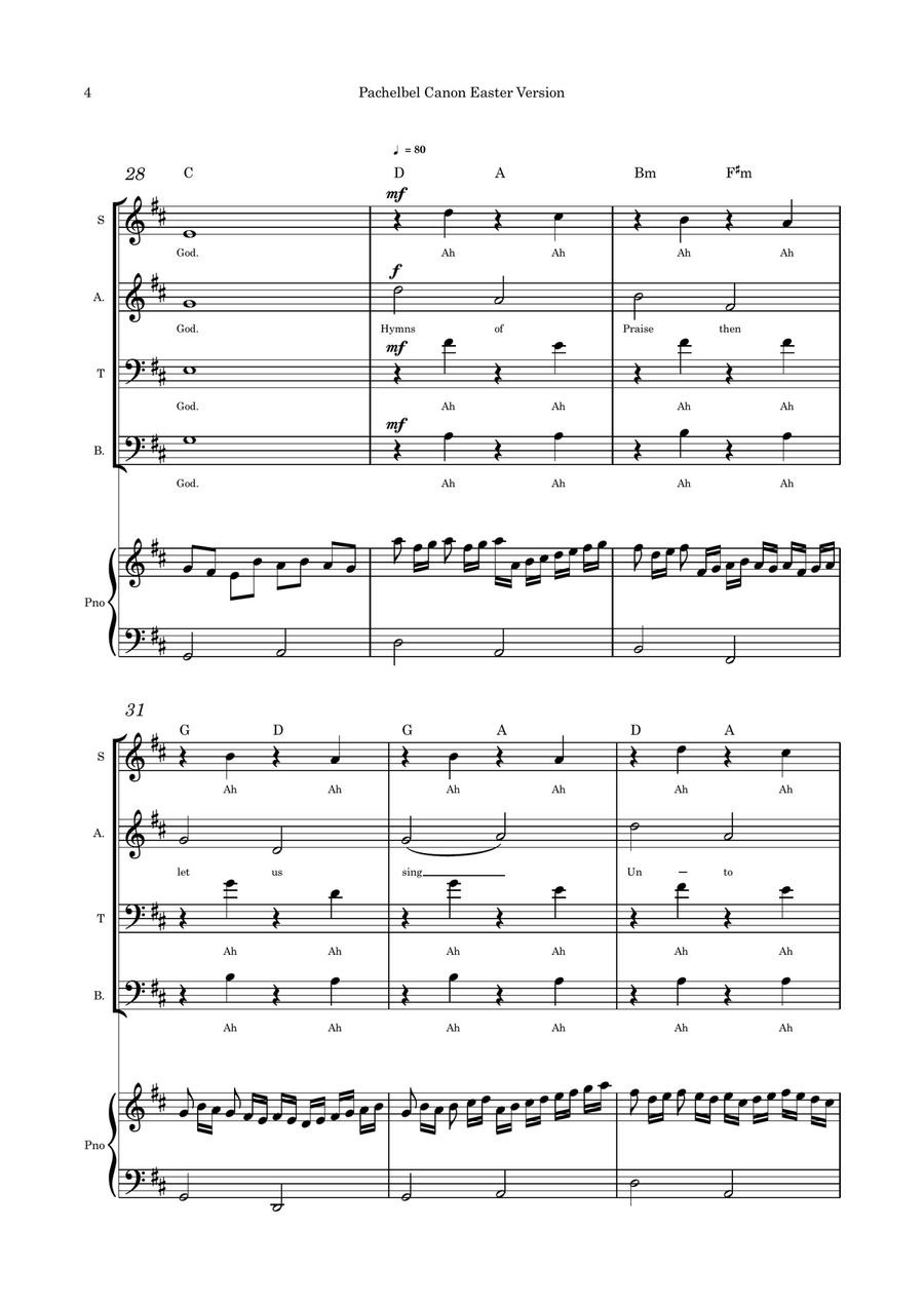 Pachelbel Canon Easter version SATB with flute or violin or cello and piano 4-Part scores gallery preview page 4