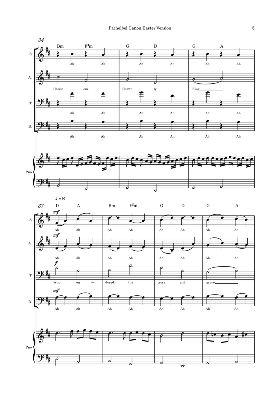 Pachelbel Canon Easter version SATB with flute or violin or cello and piano 4-Part scores gallery preview page 5