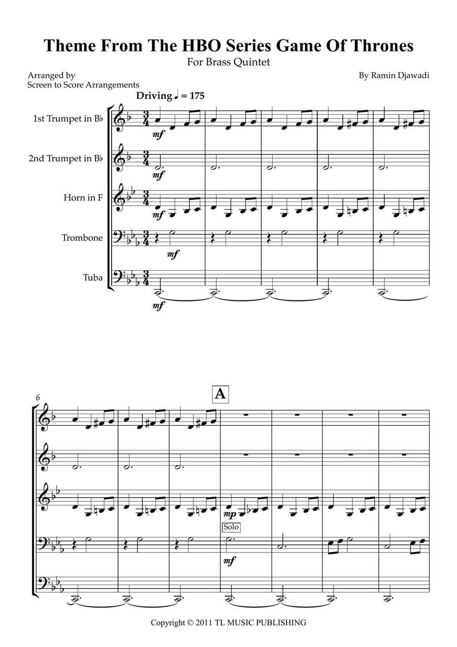 Game Of Thrones Brass Quintet scores gallery preview page 1