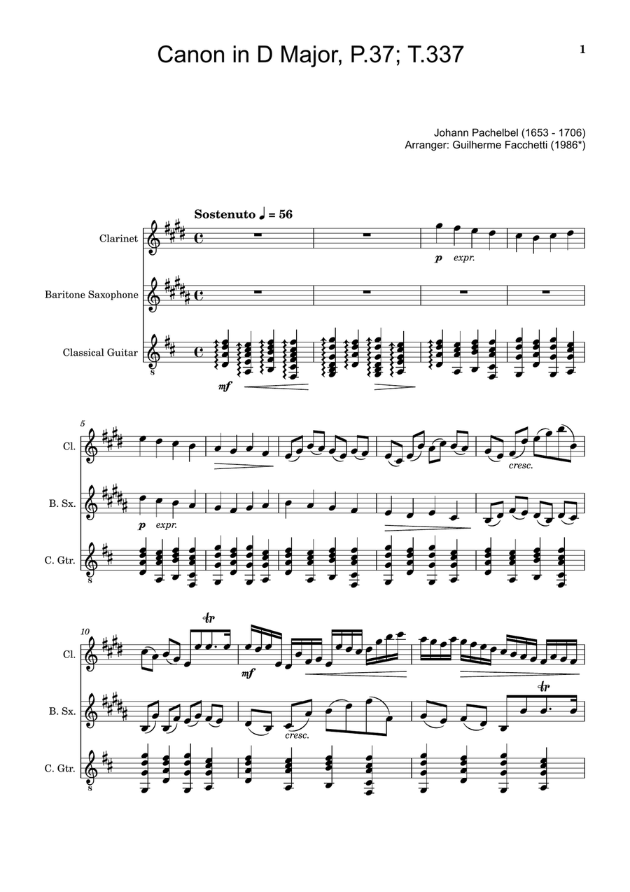 Canon in D Major, P.37; T.337. Clarinet, B. Sax and Guitar. Score and Parts Chamber Music scores gallery preview page 1