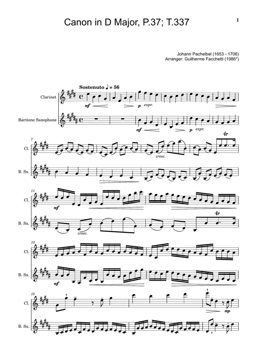 Canon in D Major, P.37; T.337. Clarinet and B. Sax Woodwind Duet scores gallery preview page 1