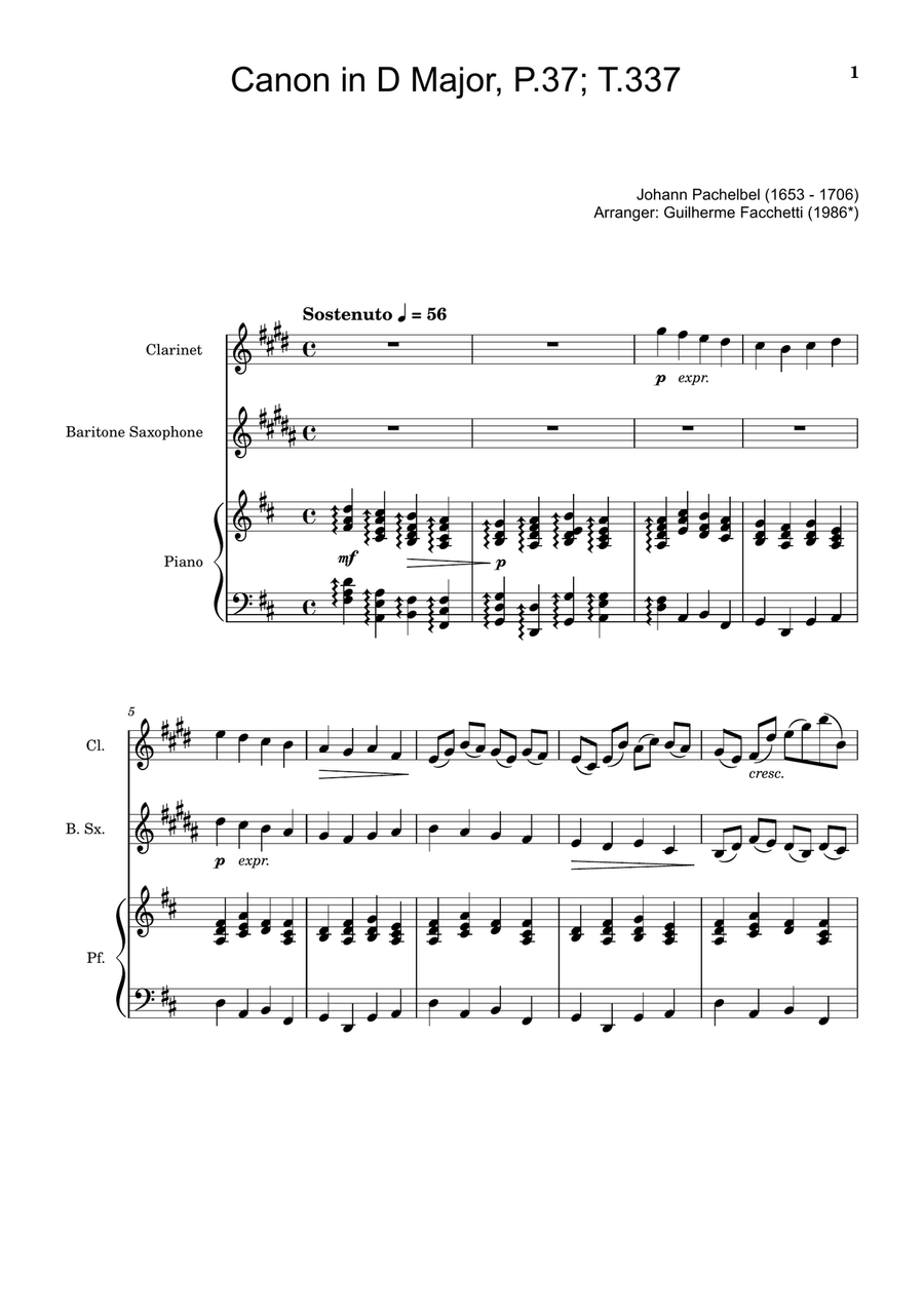 Canon in D Major, P.37; T.337. Clarinet, B. Sax and Piano. Score and Parts Woodwind Duet scores gallery preview page 1