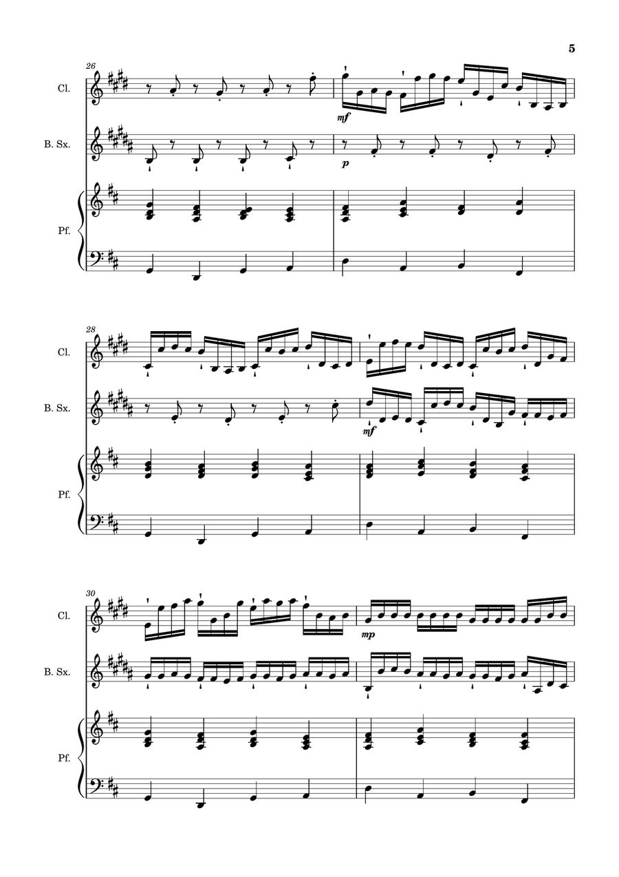 Canon in D Major, P.37; T.337. Clarinet, B. Sax and Piano. Score and Parts Woodwind Duet scores gallery preview page 5