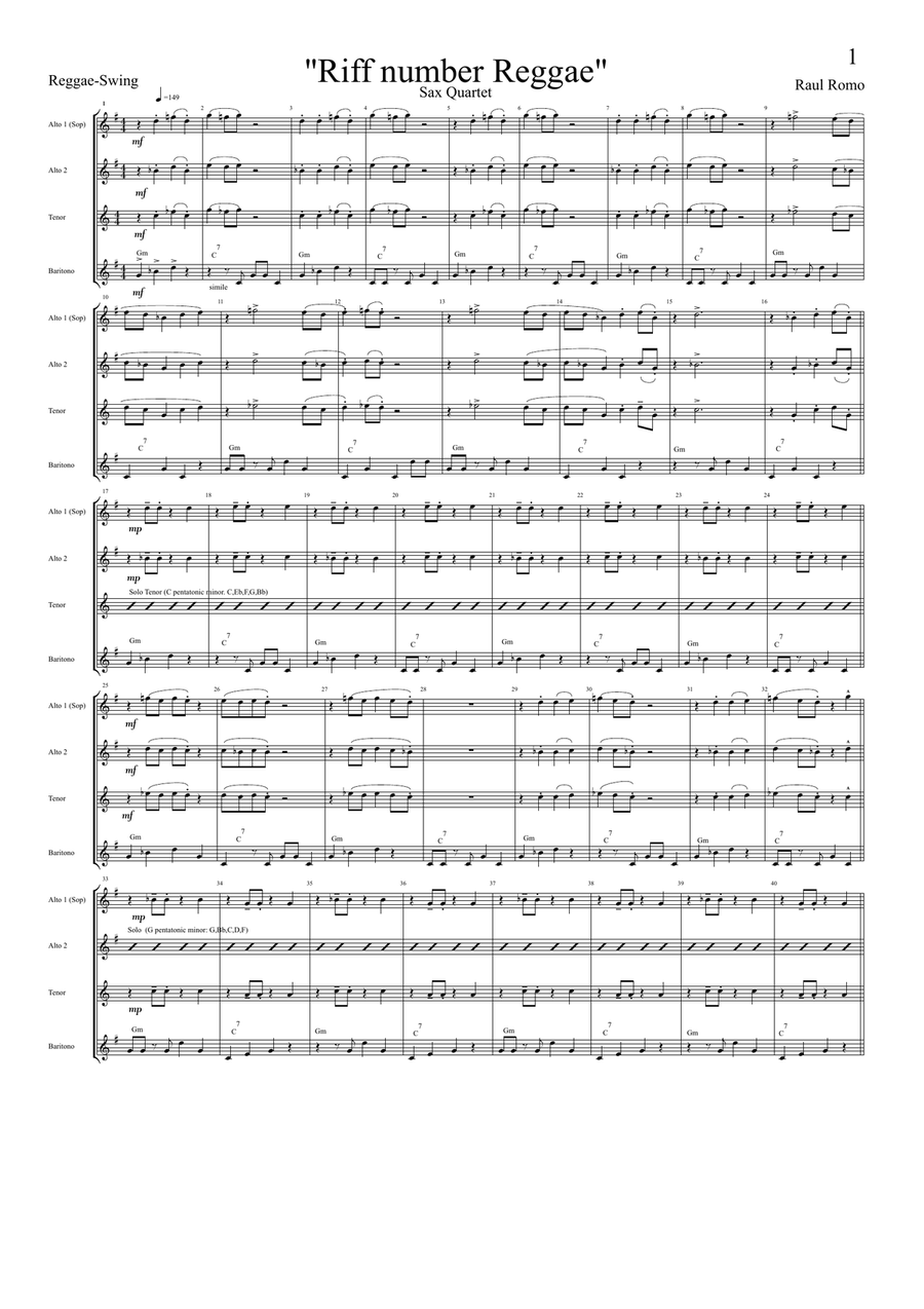 Riff number Reggae - Sax Quartet AATB/SATB Saxophone Quartet scores gallery preview page 1