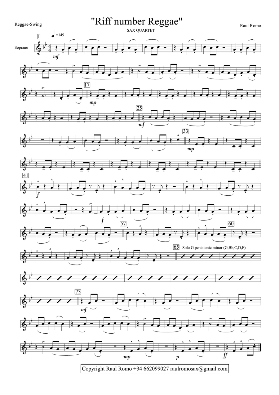 Riff number Reggae - Sax Quartet AATB/SATB Saxophone Quartet scores gallery preview page 3
