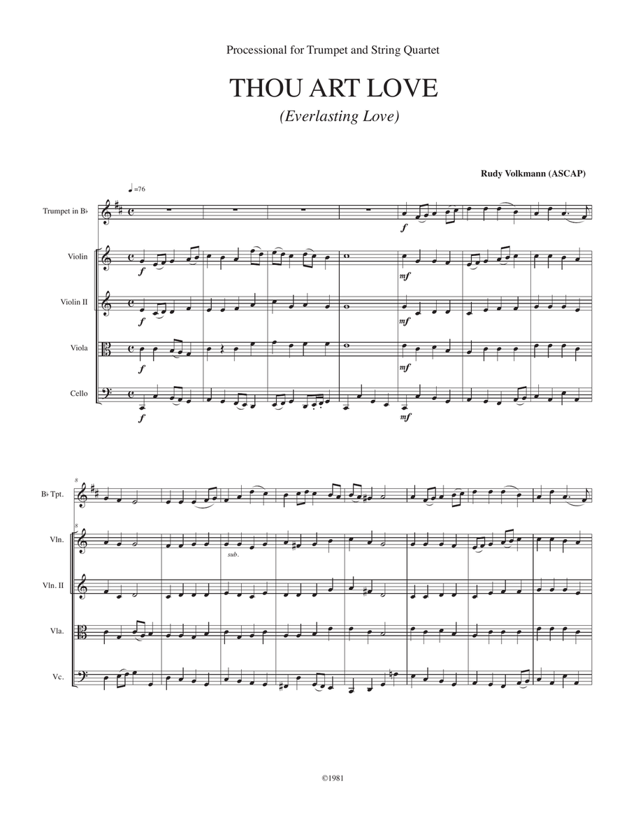 Thou Art Love; Processional for Trumpet and String Quartet Small Ensemble scores gallery preview page 1