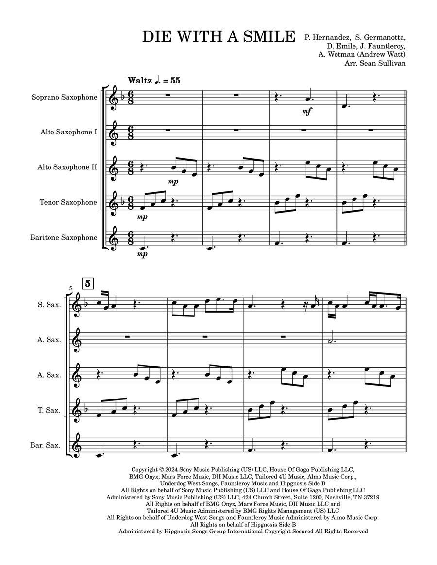 Die With A Smile Die With A Smile Saxophone Quintet scores gallery preview page 2