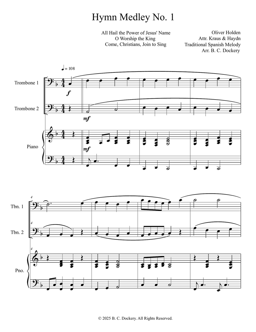 Hymn Medley No. 1 (Trombone Duet with Piano Accompaniment) Trombone Duet scores gallery preview page 1