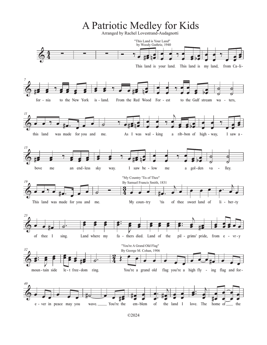 A Patriotic Medley for Kids in a High Key Piano, Vocal scores gallery preview page 1