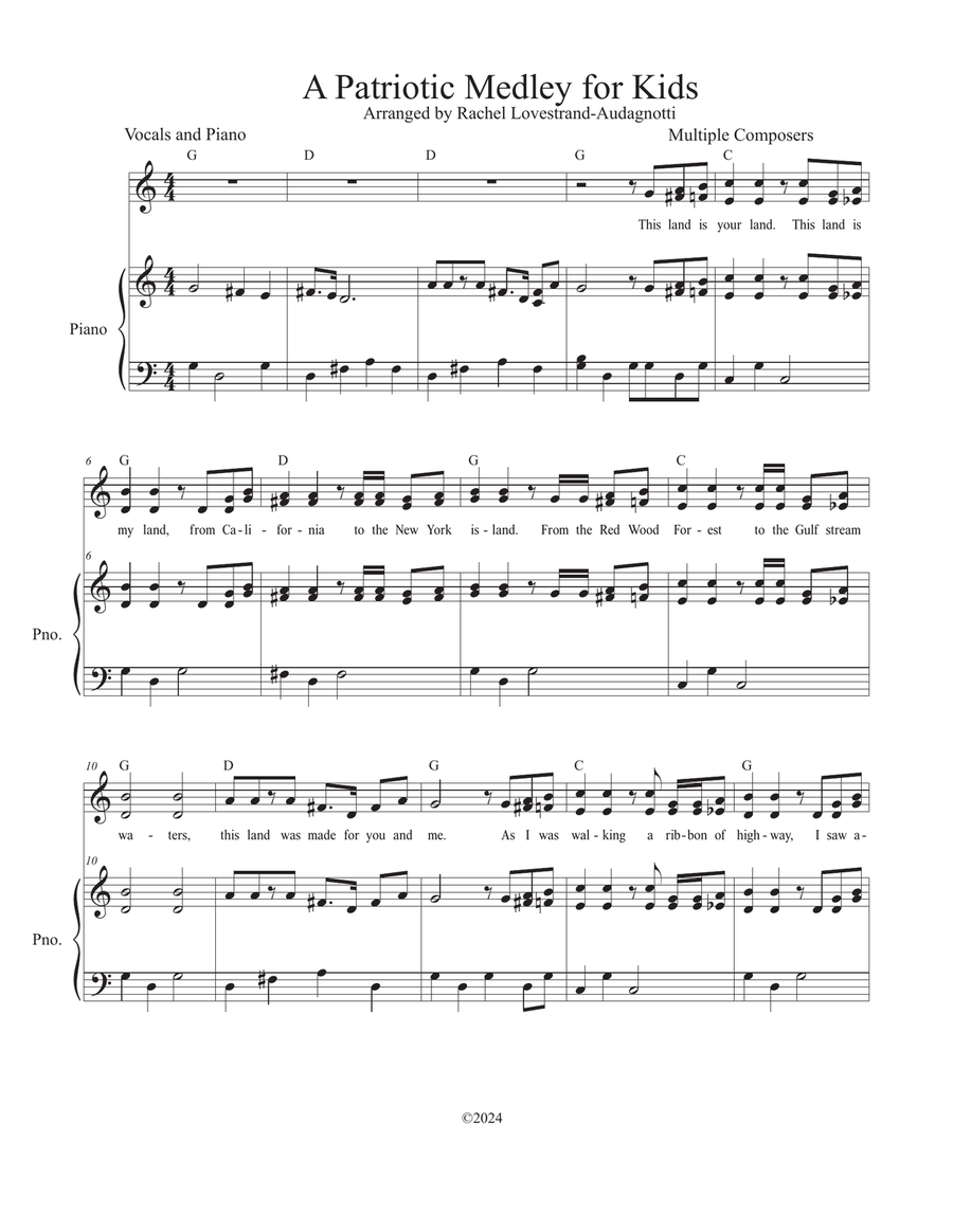 A Patriotic Medley for Kids in a High Key Piano, Vocal scores gallery preview page 3