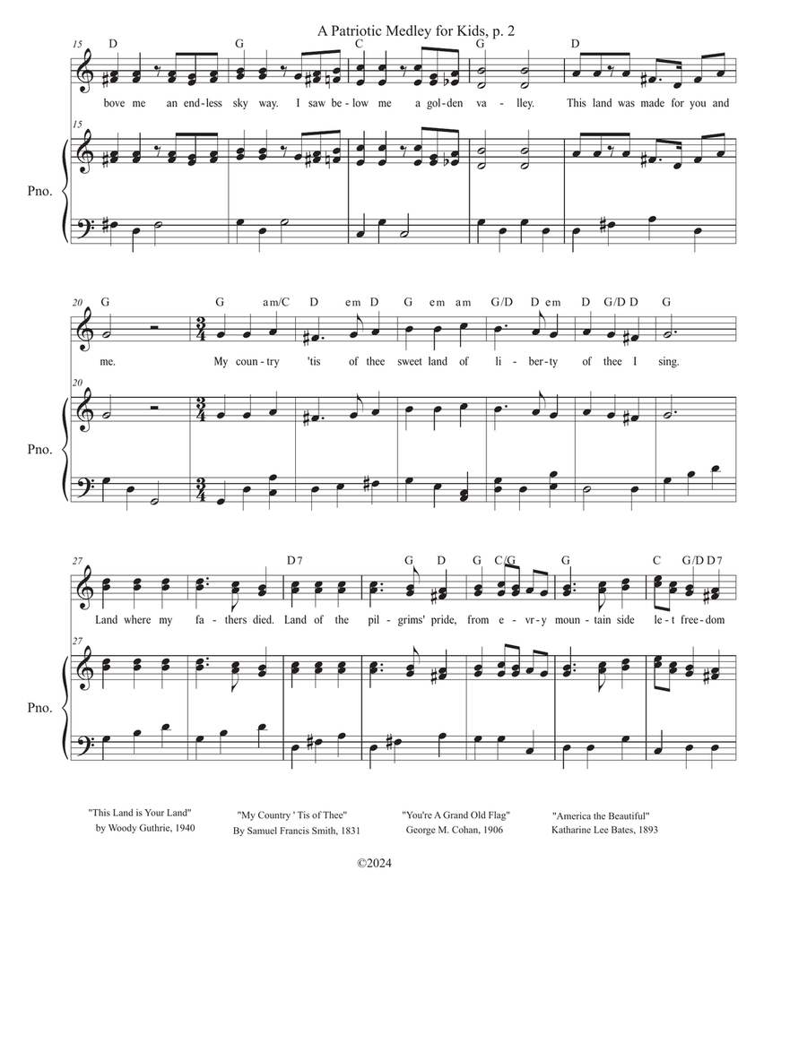 A Patriotic Medley for Kids in a High Key Piano, Vocal scores gallery preview page 4
