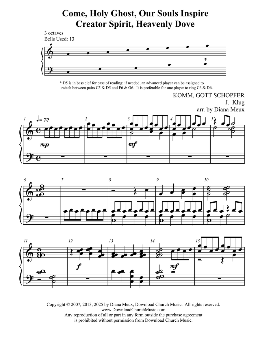 Come, Holy Ghost, Our Souls Inspire - Handbells Anthem (3 octaves) - Score Only 3-Octaves scores gallery preview page 1