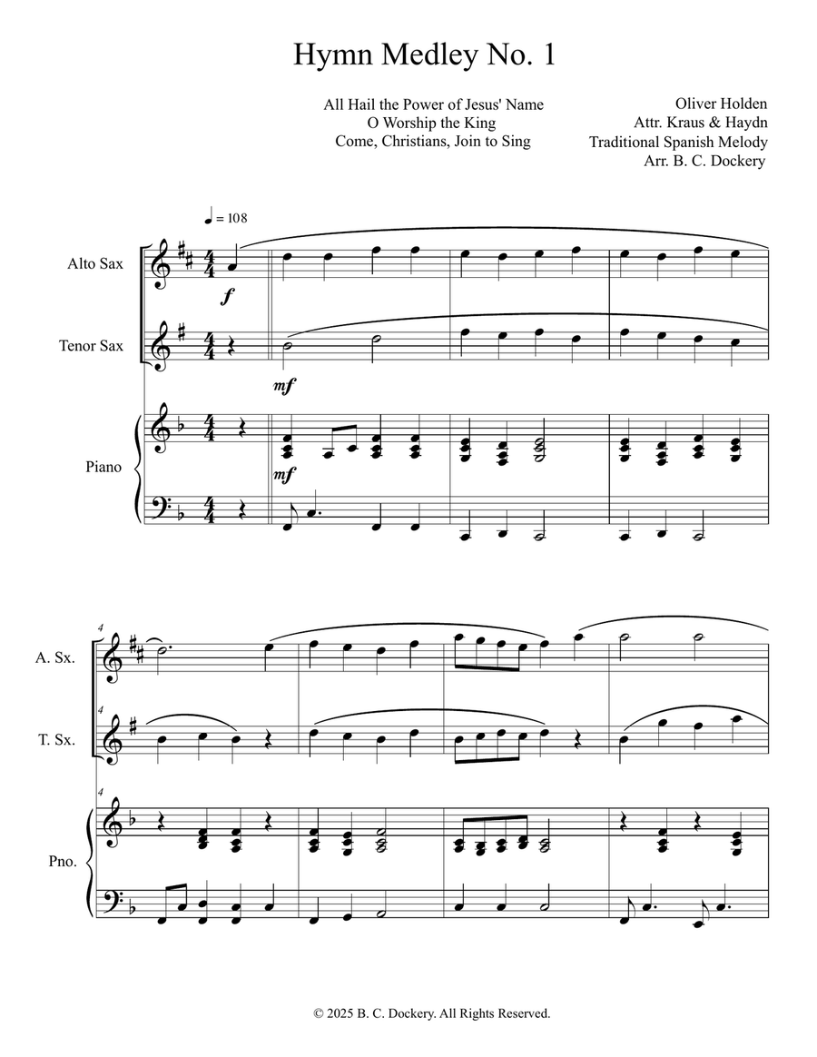 Hymn Medley No. 1 (Alto and Tenor Sax Duet with Piano Accompaniment) Woodwind Duet scores gallery preview page 1