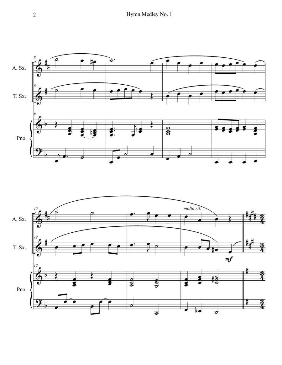 Hymn Medley No. 1 (Alto and Tenor Sax Duet with Piano Accompaniment) Woodwind Duet scores gallery preview page 2