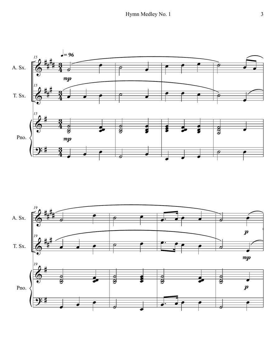 Hymn Medley No. 1 (Alto and Tenor Sax Duet with Piano Accompaniment) Woodwind Duet scores gallery preview page 3