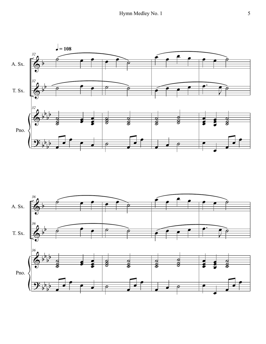 Hymn Medley No. 1 (Alto and Tenor Sax Duet with Piano Accompaniment) Woodwind Duet scores gallery preview page 5