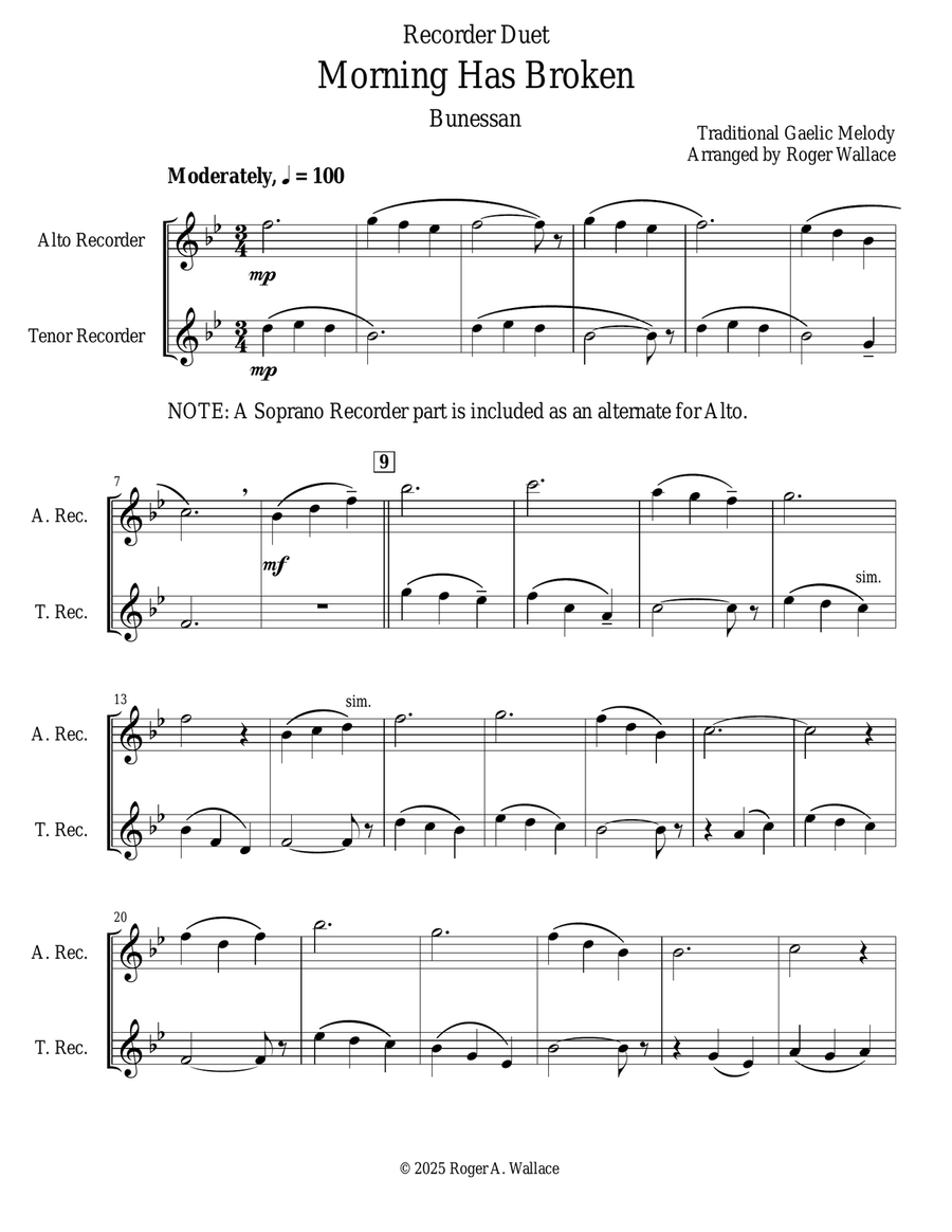 Morning Has Broken (Recorder Duet) Woodwind Duet scores gallery preview page 1