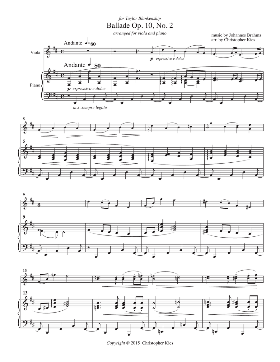 Two Ballades from Opus 10 by Johannes Brahms arranged for viola and piano Chamber Music scores gallery preview page 3