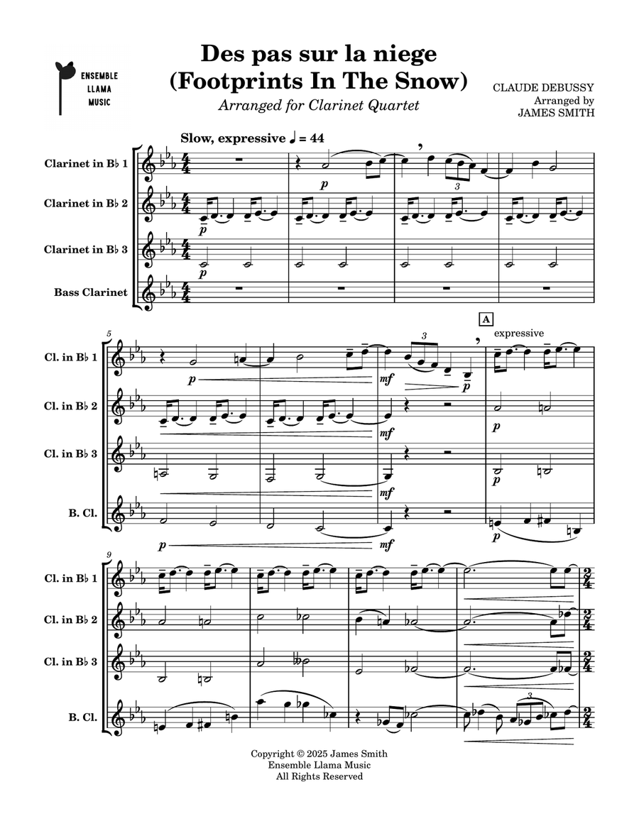 Des pas sur la neige (Footprints In The Snow) for Clarinet Quartet Clarinet Quartet scores gallery preview page 1