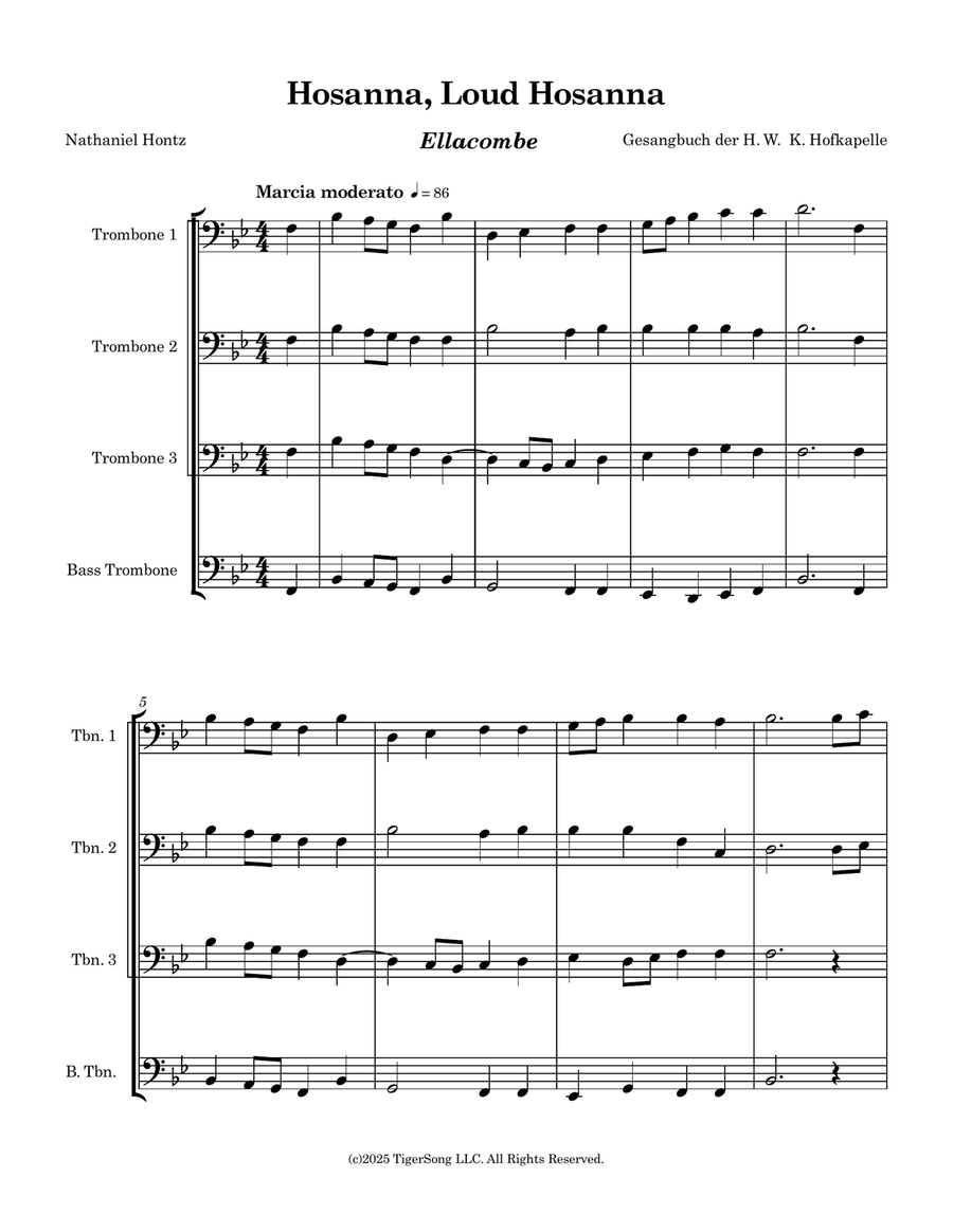 Hosanna, Loud Hosanna (Palm Sunday hymn) for Trombone Quartet Brass Quartet scores gallery preview page 1