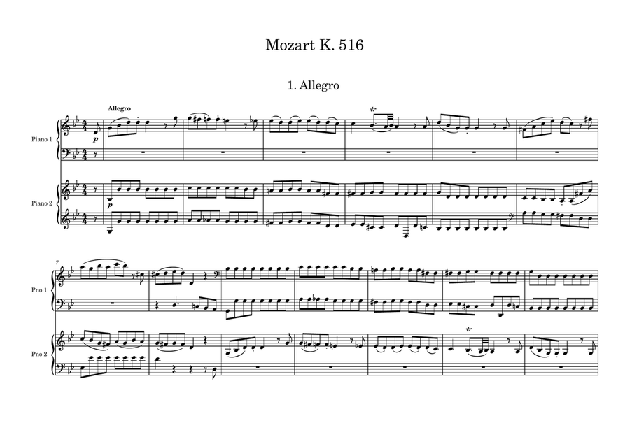 String Quintet in G minor K.516, arranged for 2 pianos Piano scores gallery preview page 1