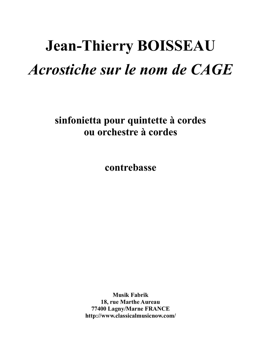 Acrostiche sur le nom de CAGE, sinfonietta for strings, double bass part String Orchestra scores gallery preview page 1