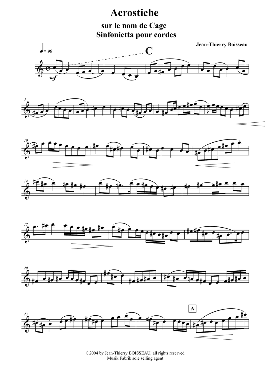 Acrostiche sur le nom de CAGE, sinfonietta for strings, violin I part String Orchestra scores gallery preview page 2