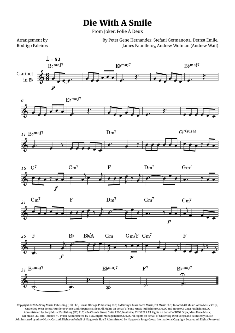 Die With A Smile B-Flat Clarinet scores gallery preview page 1