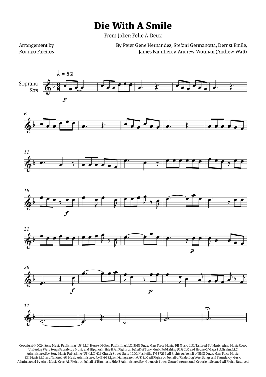 Die With A Smile Die With A Smile Soprano Saxophone scores gallery preview page 1