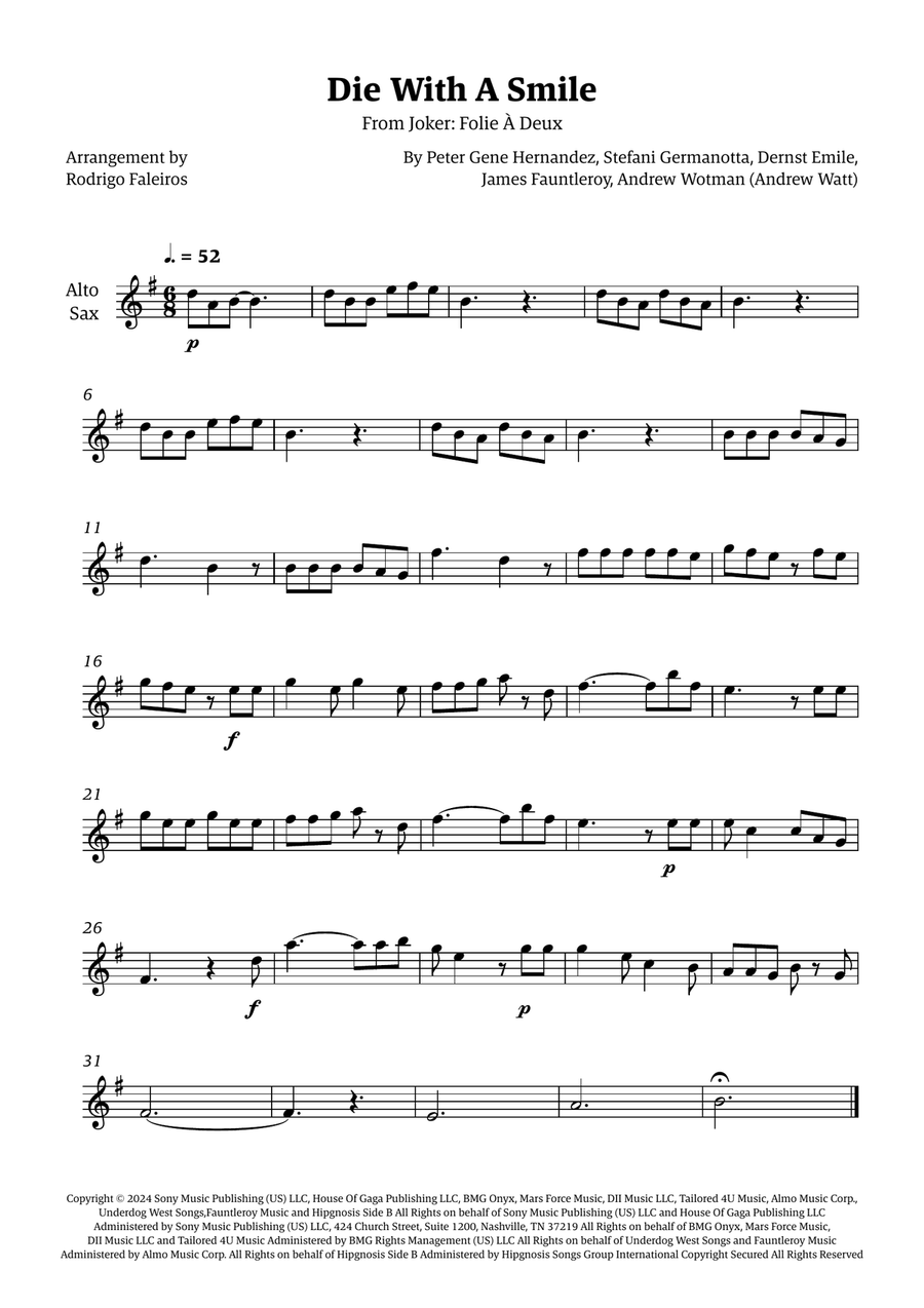 Die With A Smile Die With A Smile Alto Saxophone scores gallery preview page 1