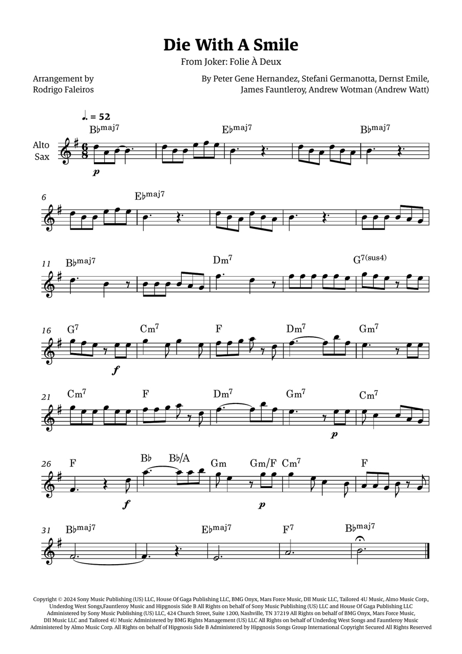Die With A Smile Die With A Smile Alto Saxophone scores gallery preview page 1