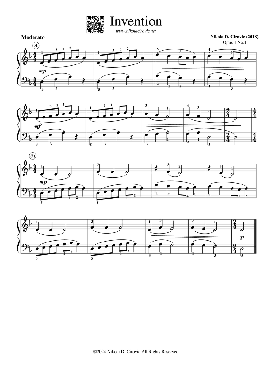 Invention in D Minor, Op.1 No.1 by N. D. Cirovic Piano Method scores gallery preview page 1