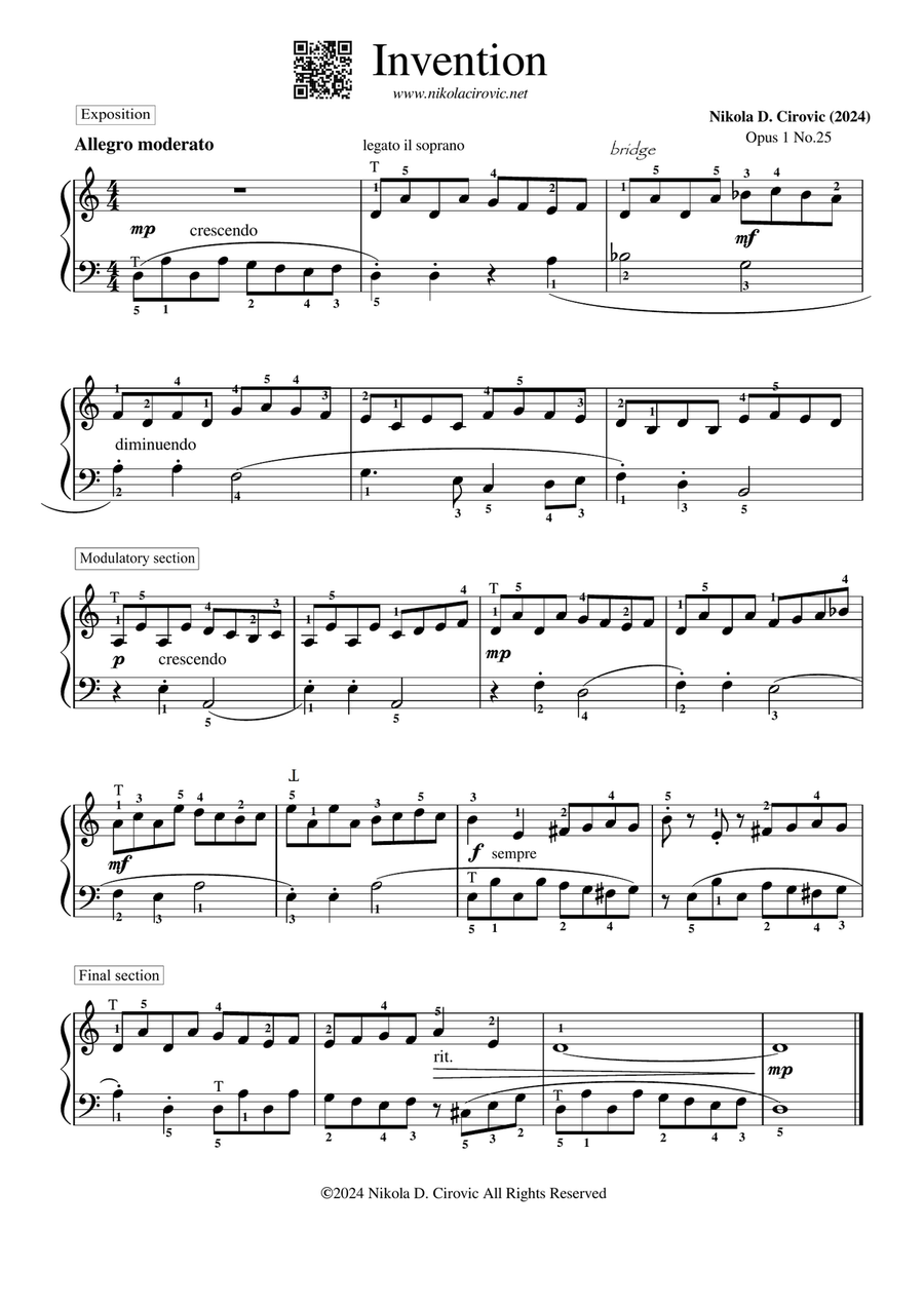 Invention in D Minor Op.1 No.25 by N. D. Cirovic Piano Method scores gallery preview page 1