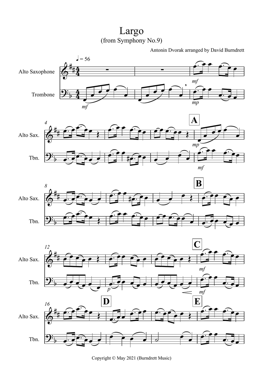 Largo (from The New Word Symphony) for Alto Saxophone and Trombone Duet Trombone Duet scores gallery preview page 1