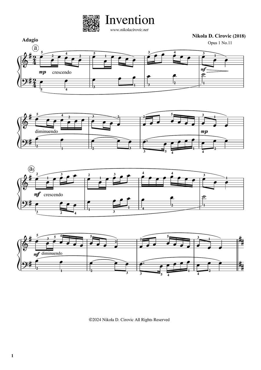 Invention in B Minor Op.1 No.11 by N. D. Cirovic Piano Method scores gallery preview page 1